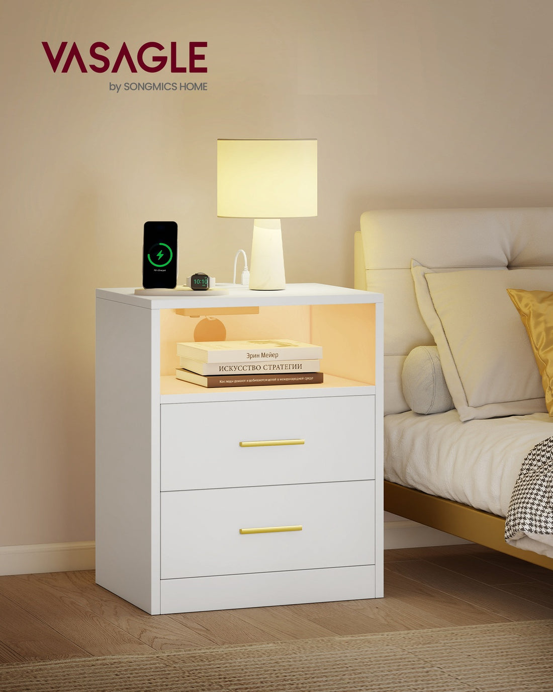 Set van 2 nachtkastjes met laadstation en led | Wolkenwit | 40,1x35x50,2 cm
