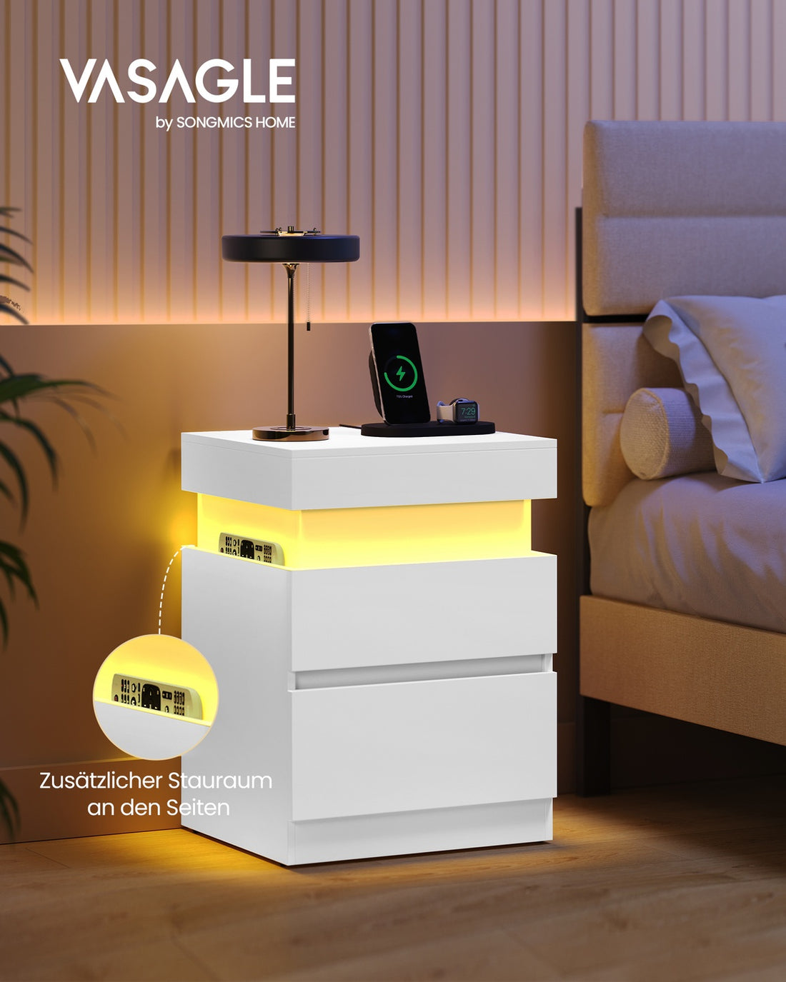 Nachtkastjes met stopcontacten en ledverlichting | Sneeuwwit | 40x35x55 cm