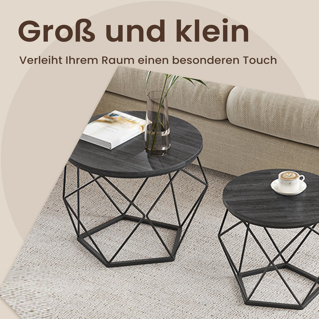 2-delad rund soffbordsuppsättning - sidobord - stilren design - 50x40 cm & 40x36 cm