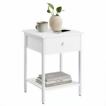 Bedtafel voor bed, nachtkastje voor slaapkamer met stalen frame | Wit | 40x40x55 cm
