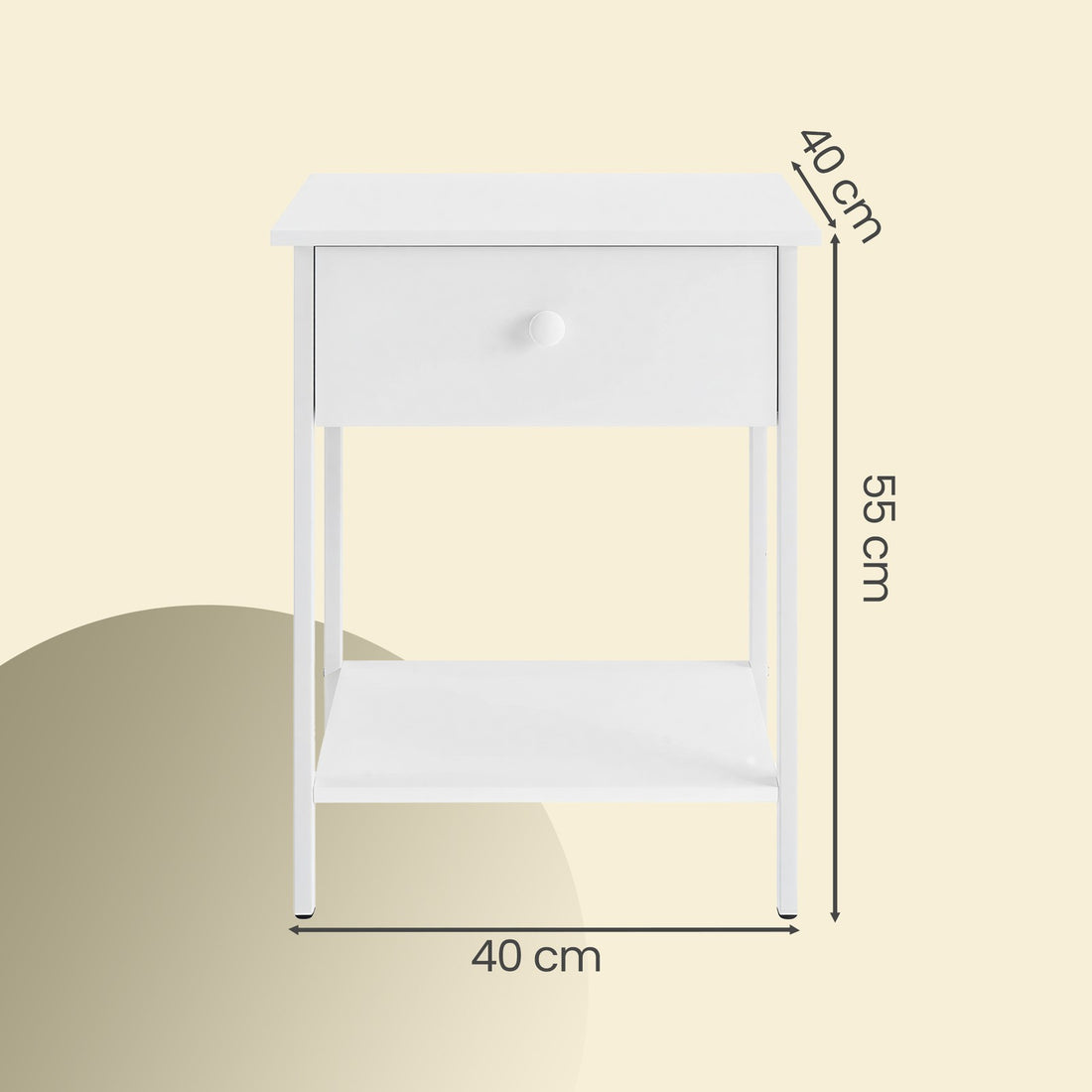Bedtafel voor bed, nachtkastje voor slaapkamer met stalen frame | Wit | 40x40x55 cm