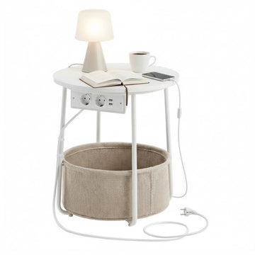 Ronde bijzettafel met stoffen mand en stopcontacten | Wit-bruin | 45x45x50 cm
