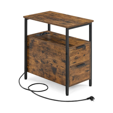 Bijzettafel nachtkastje met stekkerdoos en 2 lades | Vintagebruin-Zwart | 30x60x61 cm