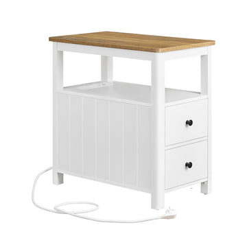 Smalle bijzettafel met stekkerdoos en 2 laden | Bruin-wit | 35x60x60 cm