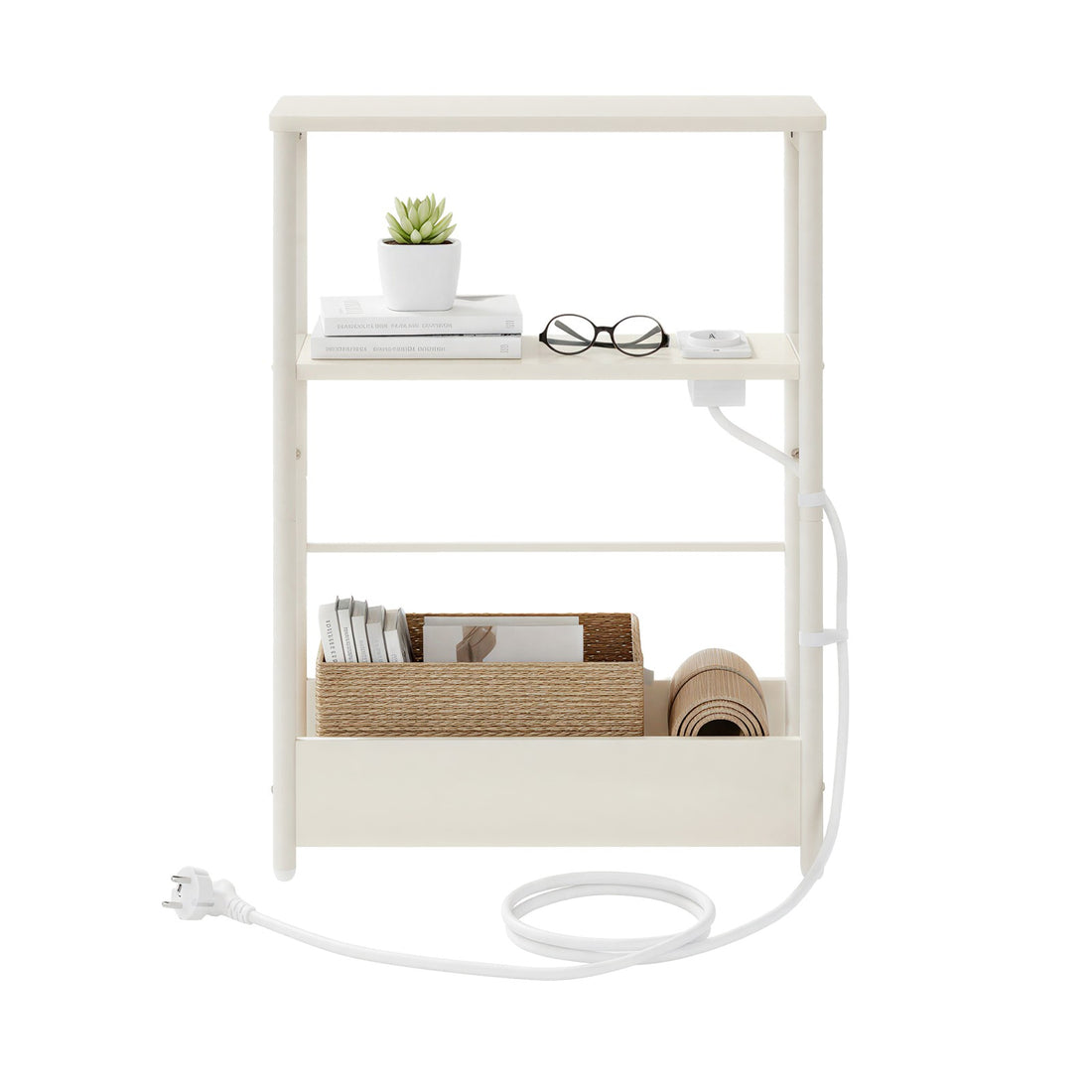 Schmaler Sofatisch mit 3 Ablagen und Zeitschriftenhalter | Cremeweiß | 45x18x58 cm