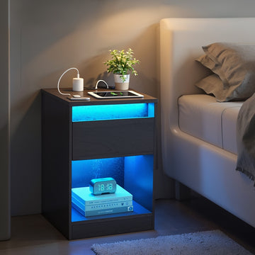 Nachtkastje met verstelbare ledverlichting, lade en 2 stopcontacten | Zwart | 40,1x35,1x55,1 cm