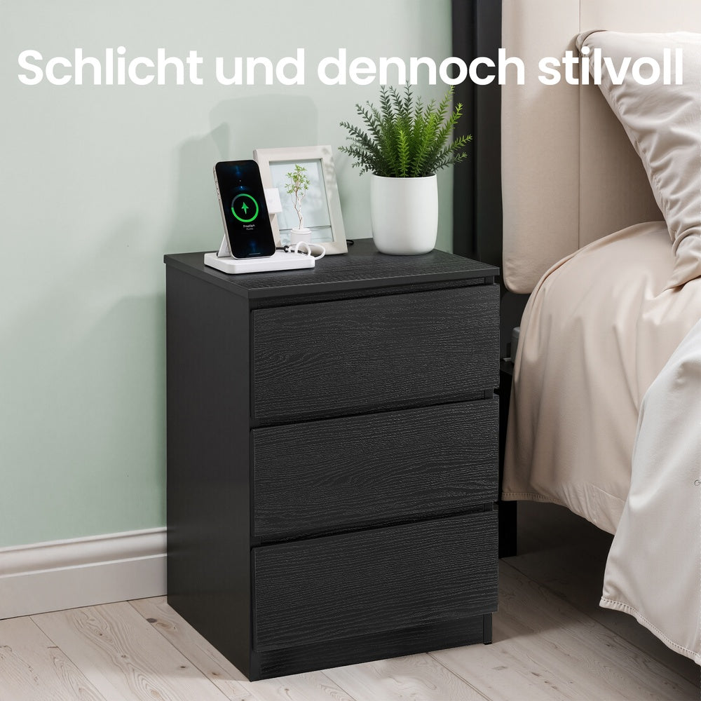 Nachttische 2er-Set mit Steckdosenleiste und 3 Schubladen | Ebenholzschwarz | 40x35x59 cm