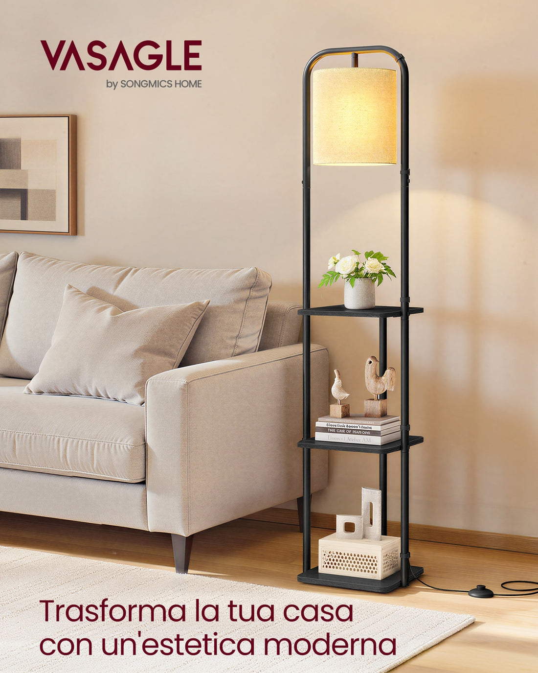 Golvlampa med hyllor | Bläcksvart | 31,8x29,9x160,5 cm