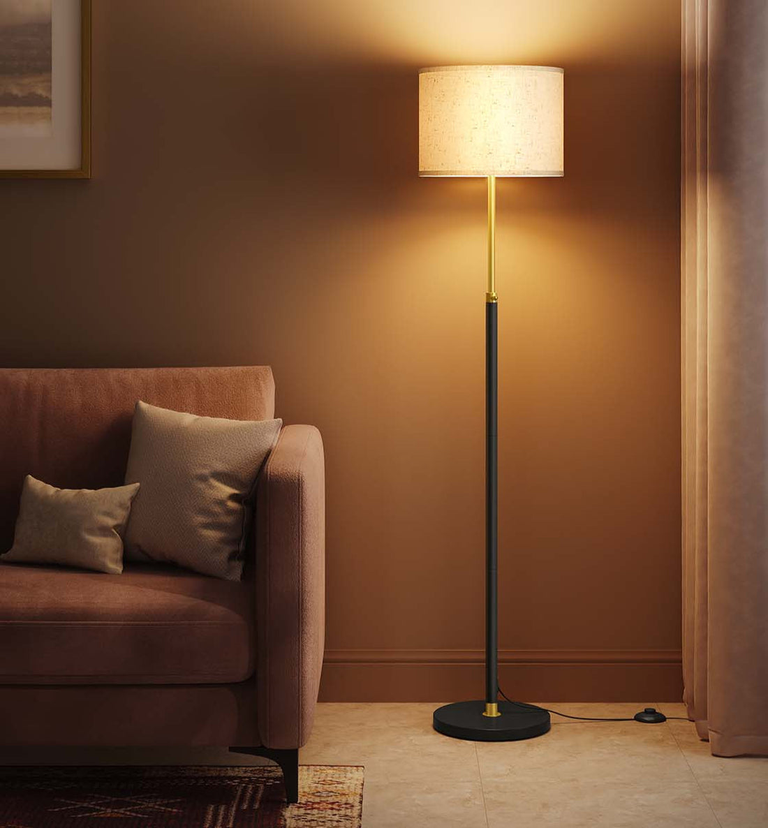 Goud-zwarte vloerlamp met verstelbare hoogte - staal & linnen - 30x30x140-170 cm