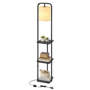 Stehlamp met 3 planken, LED-lamp en voetschakelaar | Zwart | 31,8x29,9x160,5 cm
