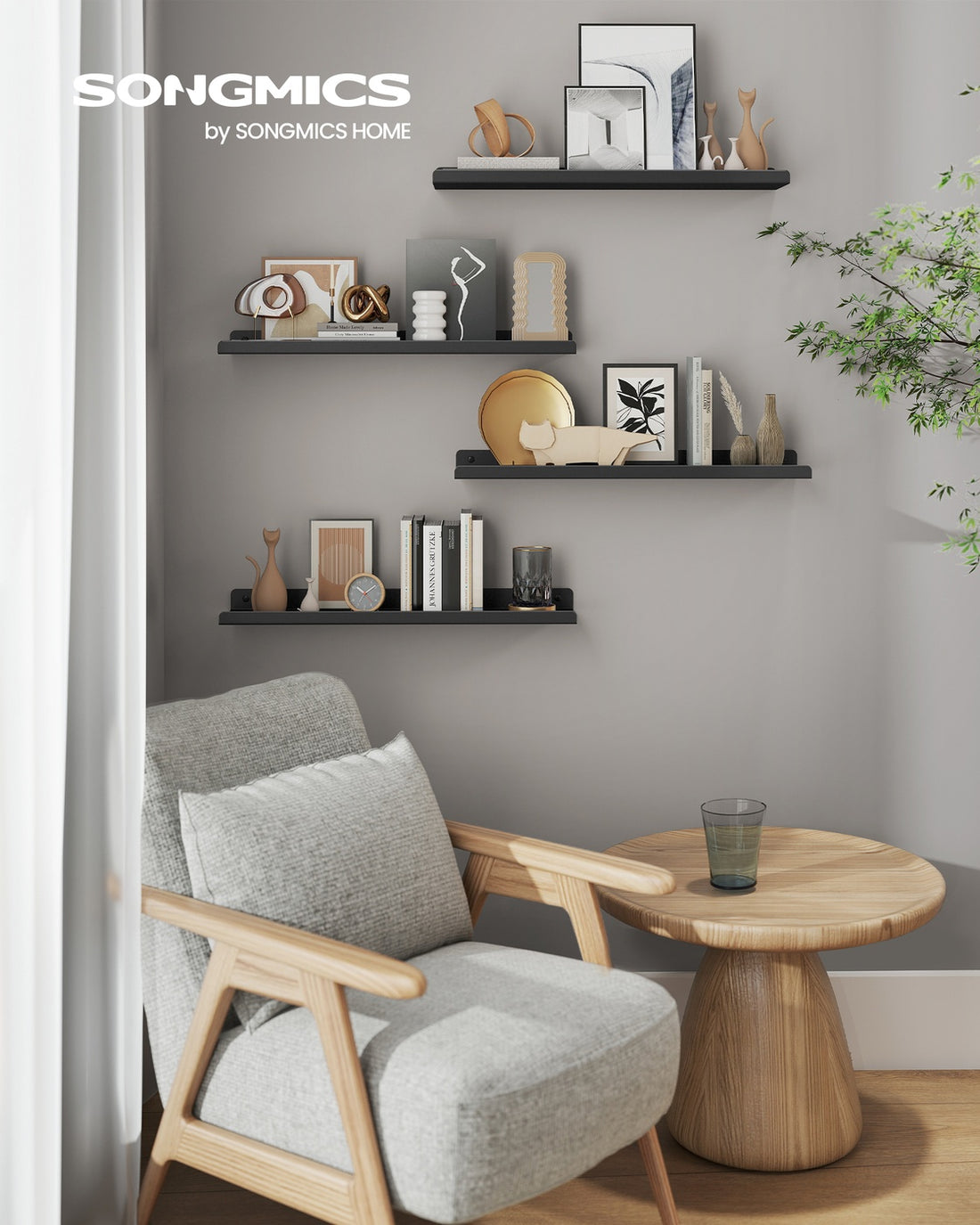 Väggfasta hyllor i metall för fotoramar | Svart | 40x10x2,5 cm