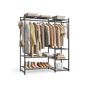 Open kledingkast met 7 legplanken en 2 kledingstangen | Zwart | 124,8x30x157,1 cm