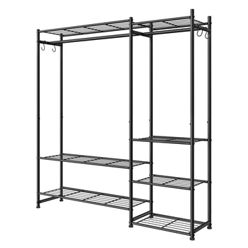 Garderoberek met metalen frame, open kledingkast, 7 planken | Zwart | 124,8x30x157,1 cm