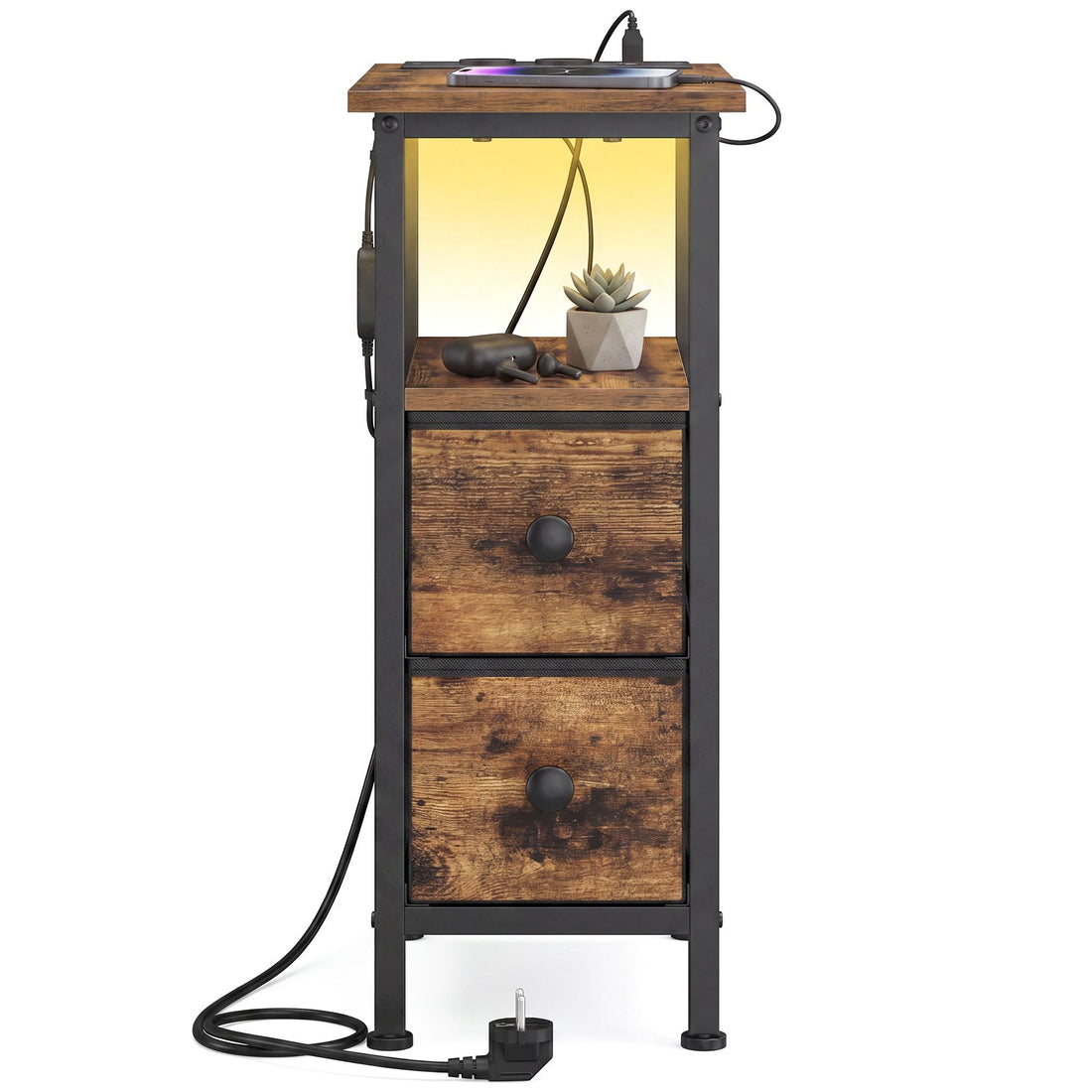 Nachtkastje met LED-verlichting, 2 lades en stekkerdoos | Bruin | 46x21,6x60,4 cm