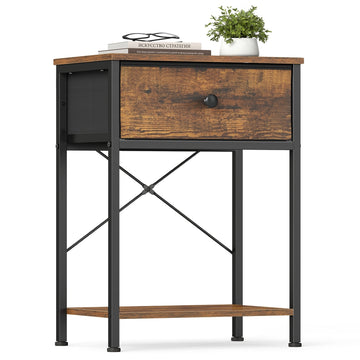 Nachtkastje met led en stopcontact, 2 laden | Vintagebruin | 39,6x30x60,4 cm