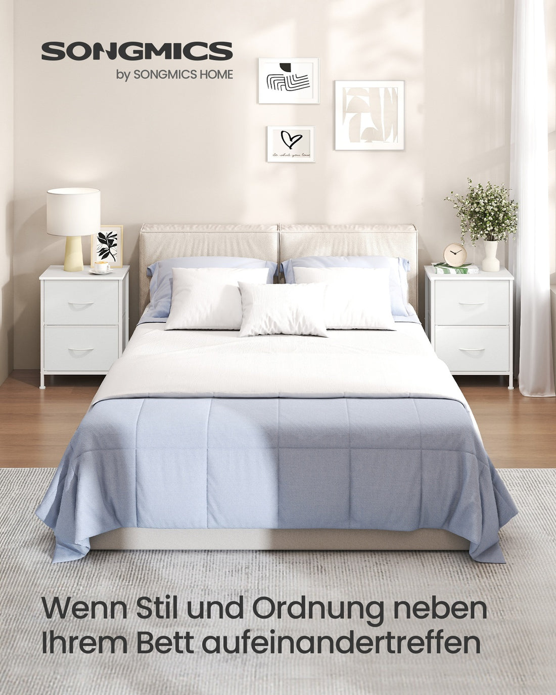 Nachttisch 2er-Set mit 2 Schubladen | Wolkenweiß-Schneeweiß | 39.6x30x52.2 cm