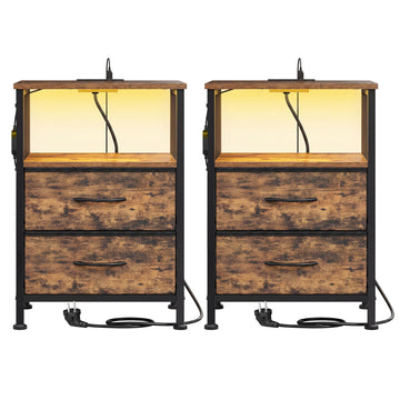 Set van 2 nachtkastjes met ledverlichting en laadstation | Bruin | 39,6x30x60 cm