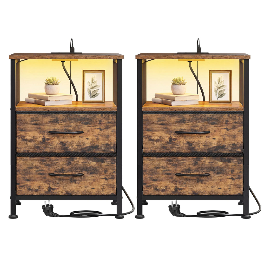Set van 2 nachtkastjes met ledverlichting en laadstation | Bruin | 39,6x30x60 cm
