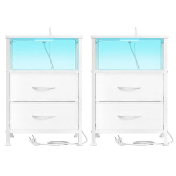 Set van 2 nachtkastjes met LED-verlichting en laadstation | Wit | 39,6x30x60,4 cm