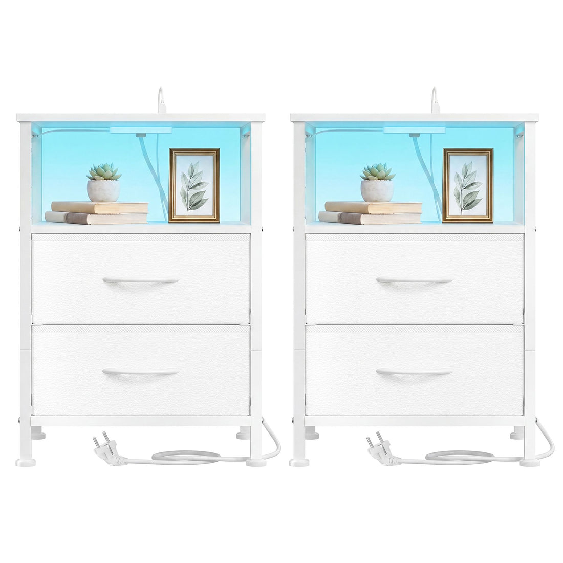 Set van 2 nachtkastjes met LED-verlichting en laadstation | Wit | 39,6x30x60,4 cm