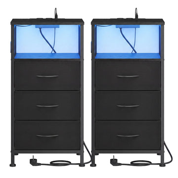 Set van 2 nachtkastjes met LED, laadstation, 3 laden en open vak | Zwart | 39,6x30x75,9 cm