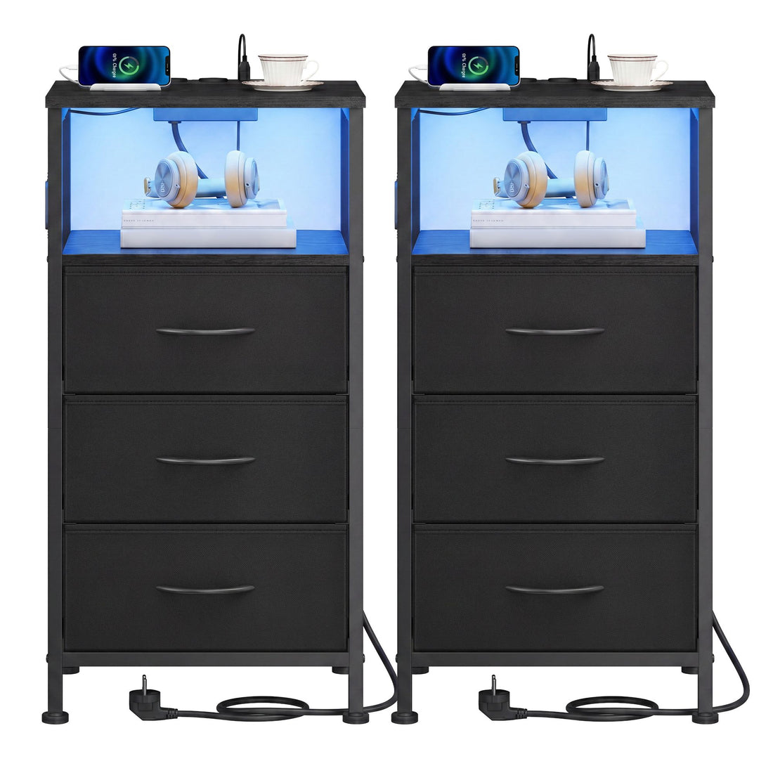 Set van 2 nachtkastjes met LED, laadstation, 3 laden en open vak | Zwart | 39,6x30x75,9 cm