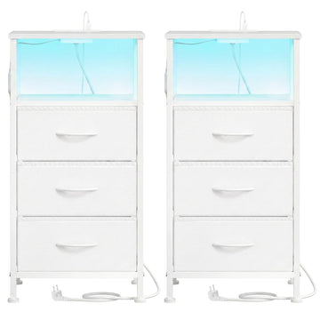 Set van 2 nachtkastjes met ledverlichting en laadstation | Wit | 39,6x30x75,9 cm