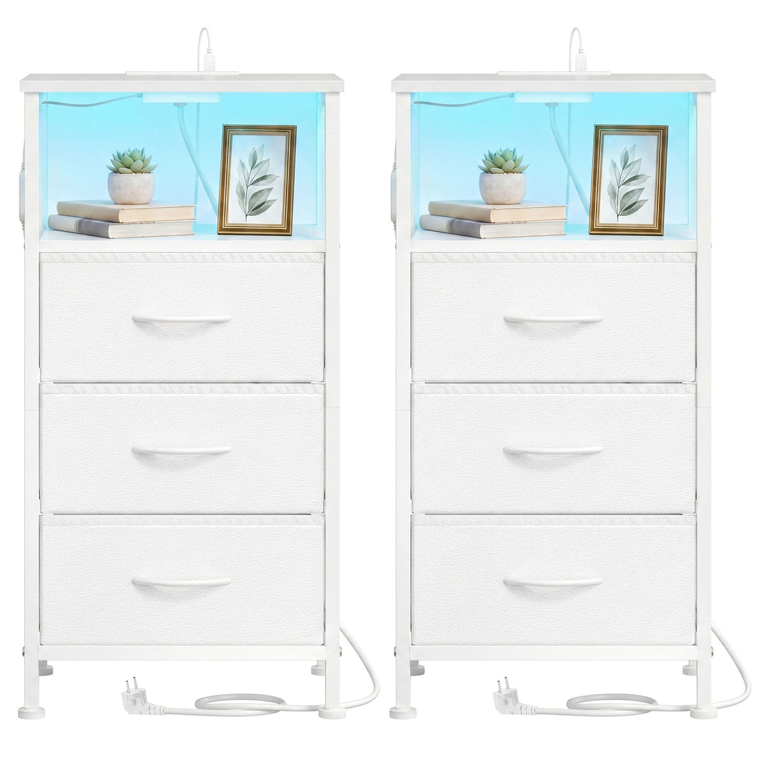 Set van 2 nachtkastjes met ledverlichting en laadstation | Wit | 39,6x30x75,9 cm