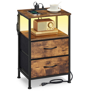 Nachtkastje LED met stopcontact | Vintagebruin-zwart | 39,6x30x60,4 cm