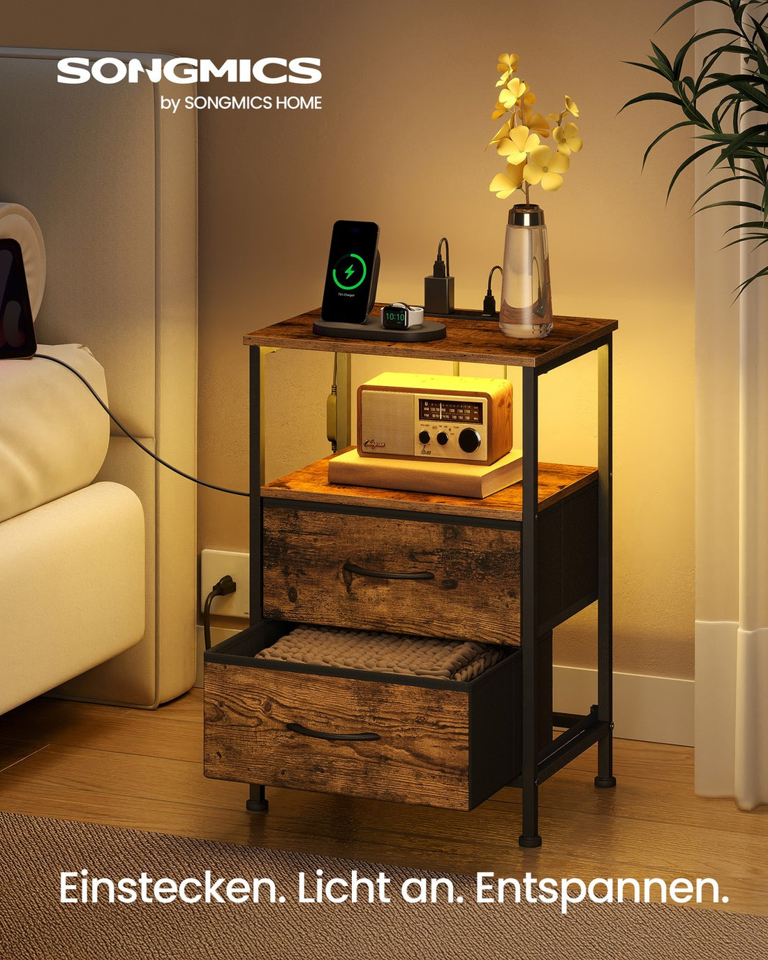 Nachtkastje LED met stopcontact | Vintagebruin-zwart | 39,6x30x60,4 cm