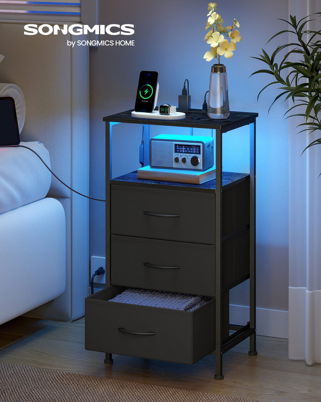 Nachtkastje met ledverlichting en stopcontact 3 laden | Tintenzwart | 39,6x30x75,9 cm