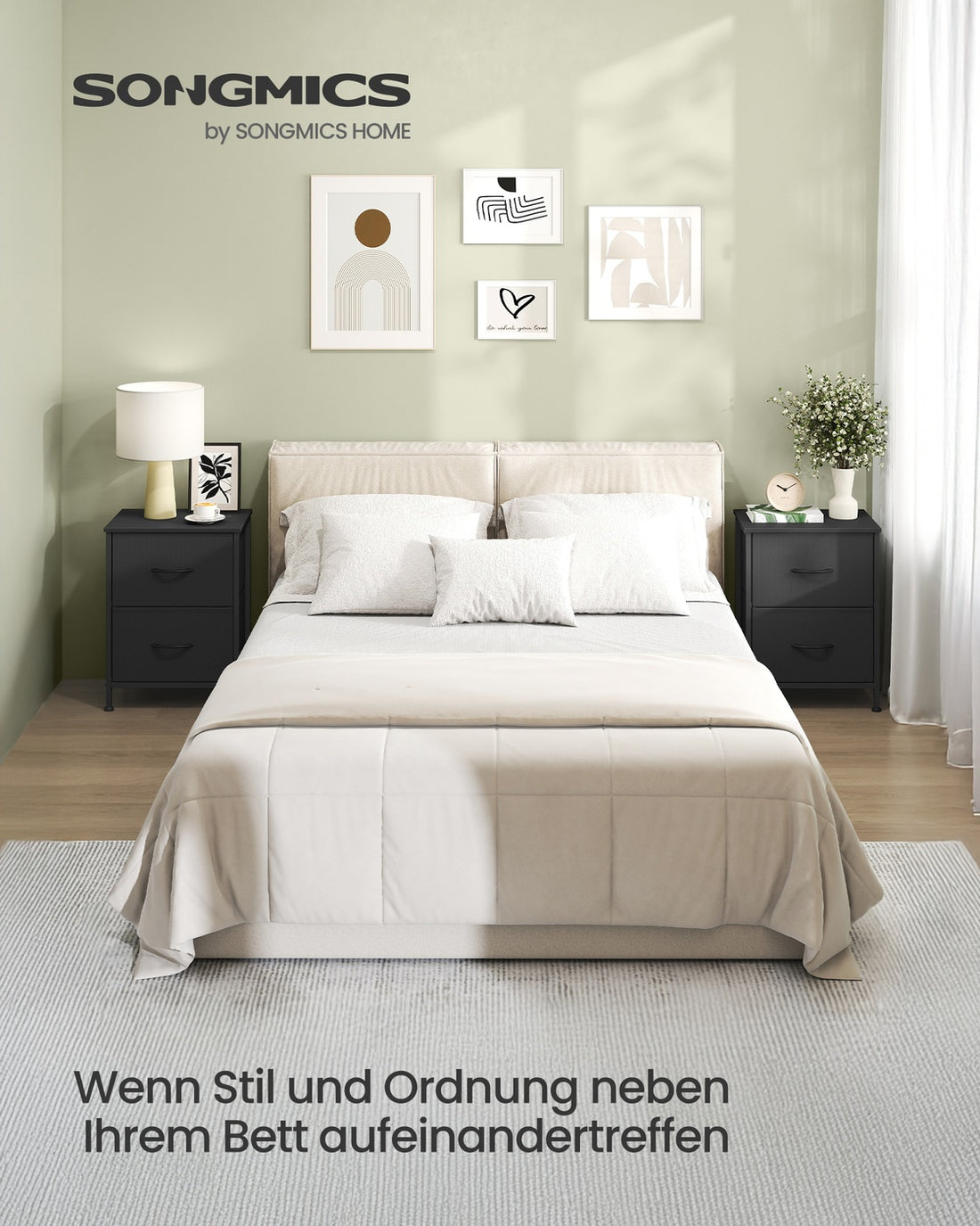 Nachttisch mit 2 Stoffschubladen | Tintenscharz-Ebenholzschwarz | 39,6x30x52,2 cm
