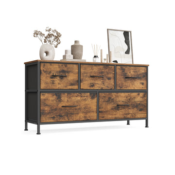 Opbergkast met 5 stoffen laden | Vintagebruin + tintenzwart | 98,8x30x52,2 cm