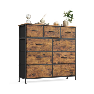 Opbergkast met 9 stoffen lades | Vintagebruin-inktzwart | 98,8x30x95,2 cm