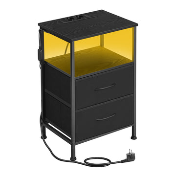 Nachtkastje met LED-verlichting en laadstation, 2 laden, open vak | Zwart | 39,6x30x60,4 cm