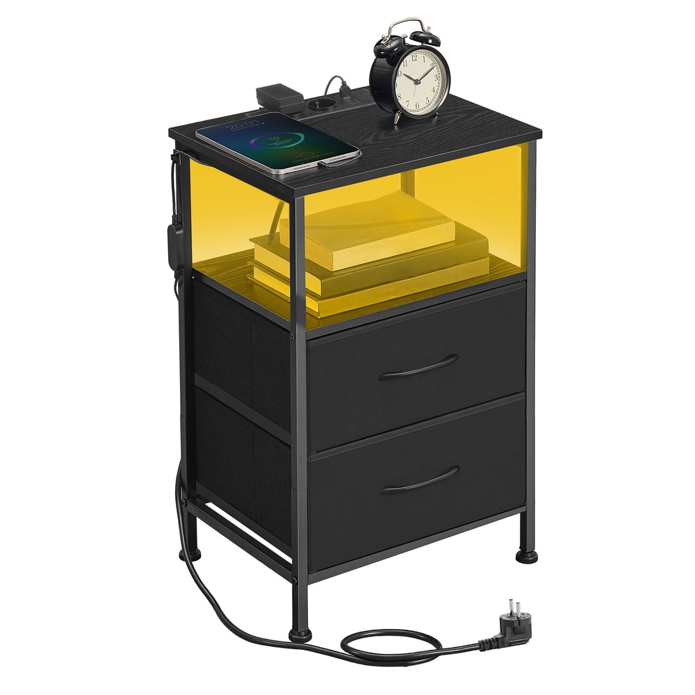 Nachtkastje met LED-verlichting en laadstation, 2 laden, open vak | Zwart | 39,6x30x60,4 cm