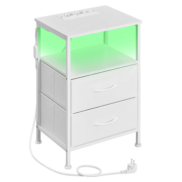 Nachtkastje met ledverlichting en laadstation, 2 laden en open vak | Wit | 39,6x30x60,4 cm