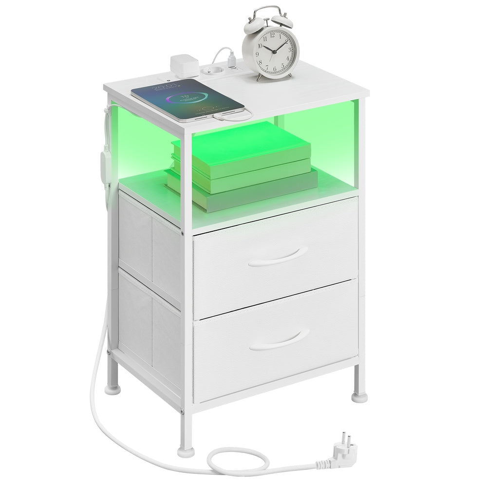 Nachttisch mit LED-Beleuchtung und Ladestation, 2 Schubladen und offenes Fach | Weiß | 39,6x30x60,4 cm