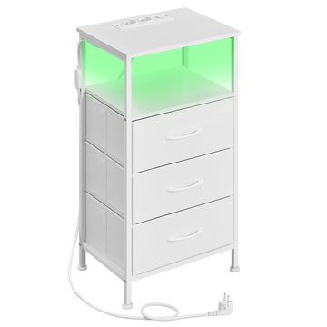 Nachtkastje met ledverlichting, laadstation, 3 lades en open vak | Wit | 39,6x30x75,9 cm