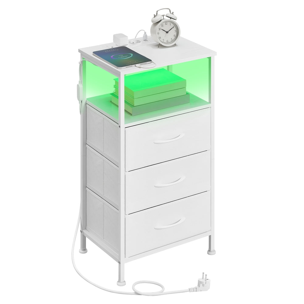 Nachttisch mit LED-Beleuchtung, Ladestation, 3 Schubladen und offenem Fach | Weiß | 39,6x30x75,9 cm
