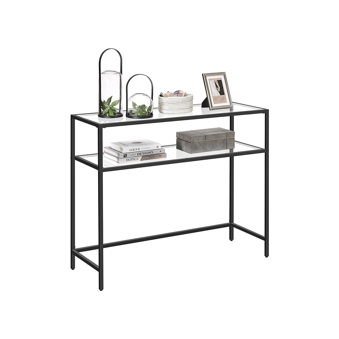 Svart konsolbord i metall med glas – hallbord – soffbord – 100 x 35 x 80 cm
