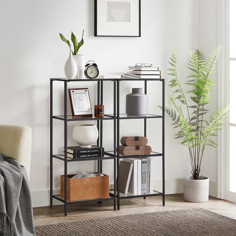 Freistehendes Regal mit 4 Ablagen - Metall/Glas - schwarz - 40 x 30 x 95 cm
