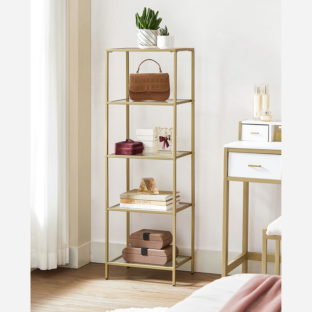 Standregal – 5 Glasböden – Stahl/gehärtetes Glas – Gold – 40 x 30 x 124,5 cm