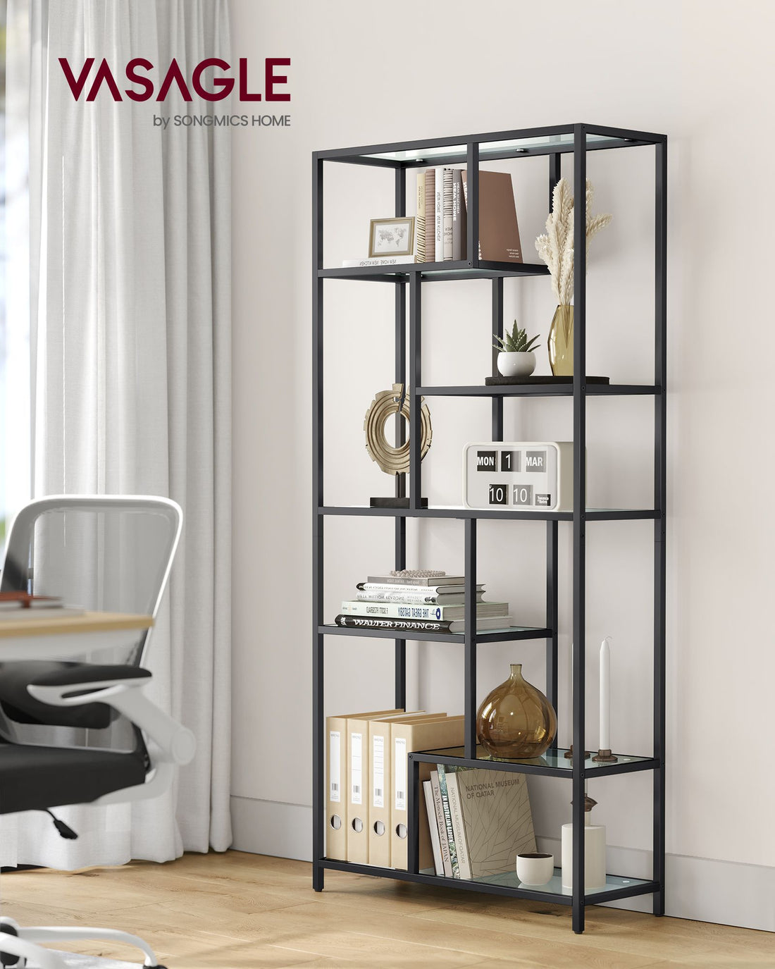 Schwarzes Regal mit Glasböden – Sicherheitsglas, Stahl, 30 x 80 x 180 cm