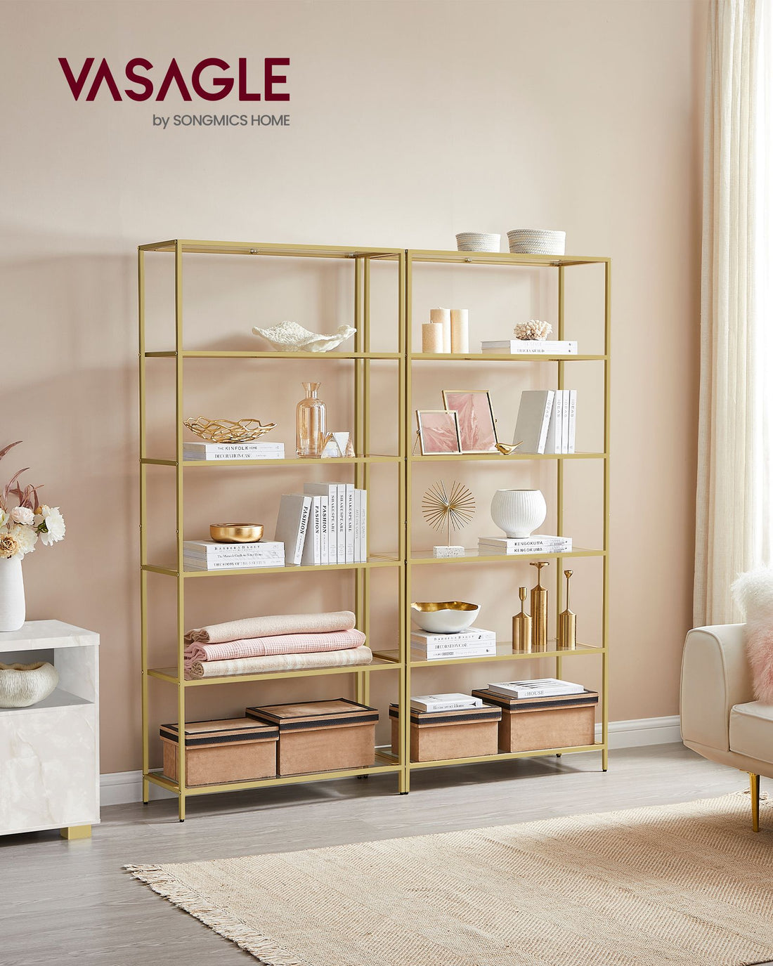 Goudkleurig metalen rek met glas - displayrek - opbergrek - 30 x 80 x 177,3 cm