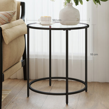 Ronde bijzettafel van gehard glas met metalen frame | Zwart | 50x50x55 cm