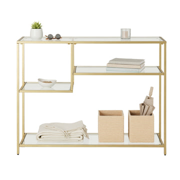 Glazen bijzettafel met metalen frame en planken | Goudkleurig | 100x35x80 cm