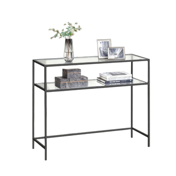 Consoletafel - Sidetable met 2 niveaus - Zwart metaal en glas - 100 x 35 x 80 cm