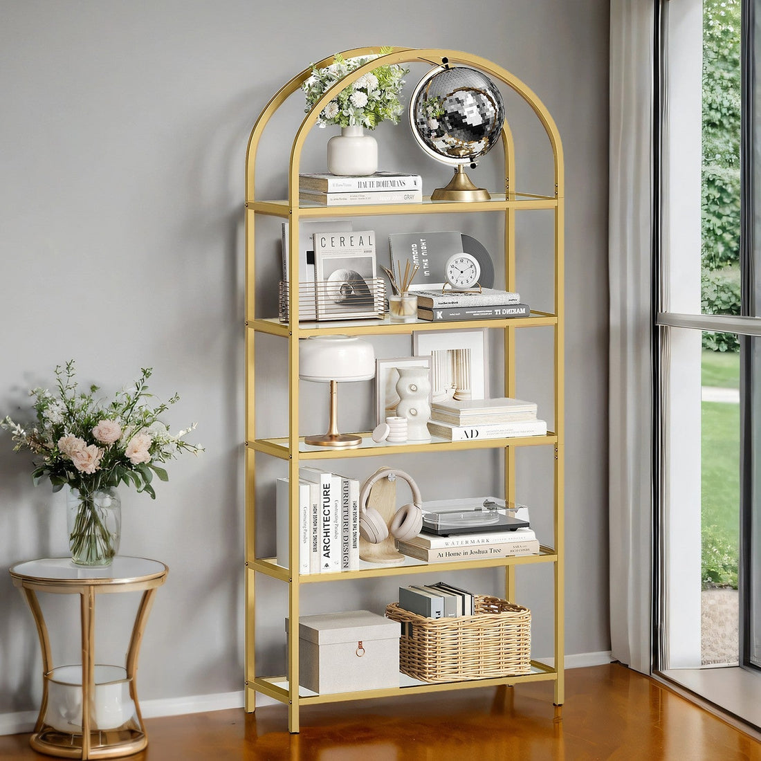 Gouden glazen rek - Displayrek - Opbergrek - 30,2 x 83 x 183,5 cm