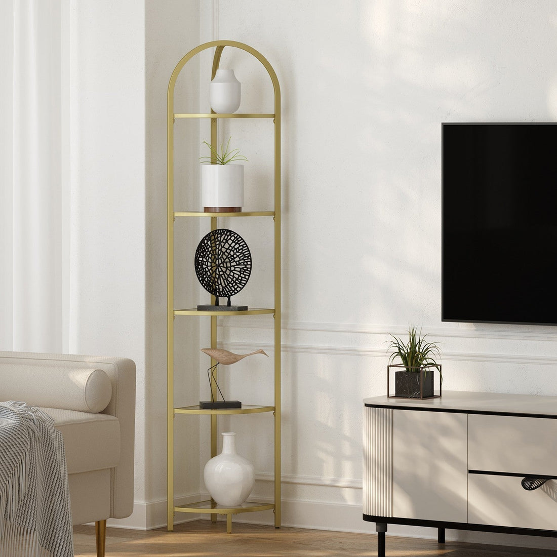 Hoekrek boekenkast - glazen en metalen planken - ruimtebesparend - 28 x 28 x 158 cm